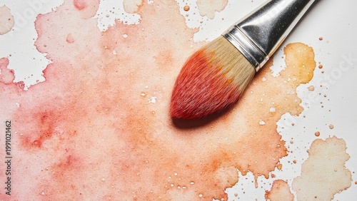 Watercolor Painting Supplies with Brushes, Palette and Camera on White Background