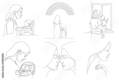Mother and child moments single line drawing bonding by window caring nurturing parent child bond love gentle touch baby.