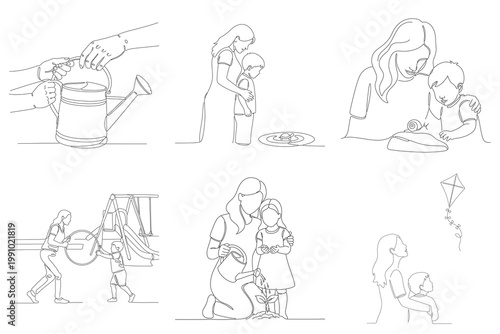 Mother and child moments single line drawing watering plants playing outside caring nurturing parent child bond love gentle touch.