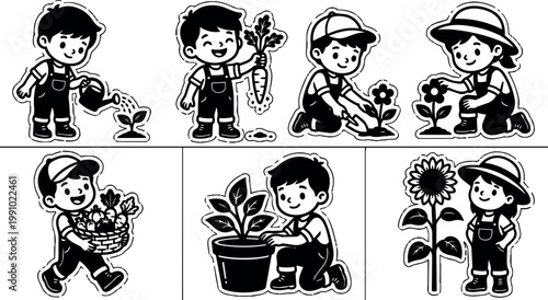 Children gardening planting and harvesting vegetables and flowers