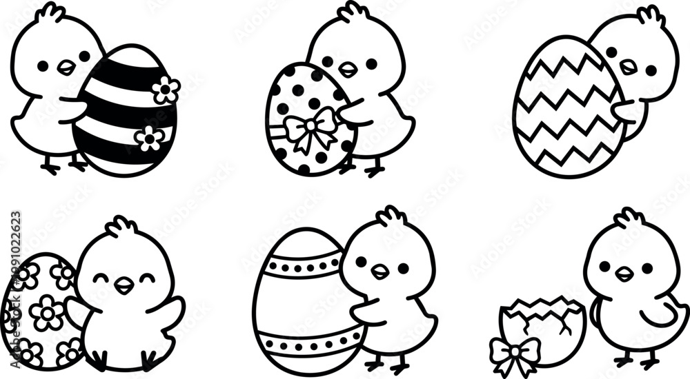Fototapeta premium Black and white line art cute chicks with decorated easter eggs and broken egg shell