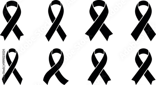 Black awareness ribbons set of eight flat vector icons
