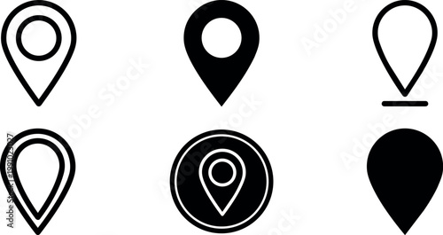 Black and white location pin icons set with outline and filled styles