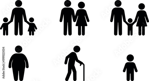 Black silhouette family figures including parents children elderly and child alone vector art