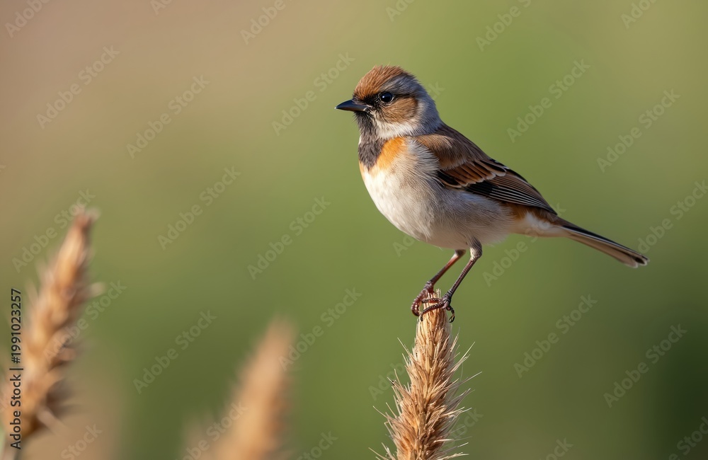 Fototapeta premium Small bird with orange throat perches on dry grass stalk. Wildlife macro shot shows avian detail in natural outdoor habitat. Birdwatching scene features one feathered creature.