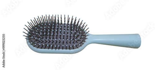A light blue hairbrush with dark bristles is isolated on a.