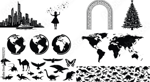Silhouette mega collection, city skyline, fairy magic, arch frame, Christmas tree, globe earth, animals dinosaurs, vector illustration elements set