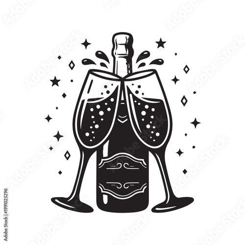 “Champagne bottle with two glasses clinking together in festive black and white illustration symbolizing celebration joy and success”