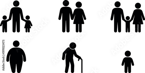 Black silhouette family icons with children elderly and individual figures