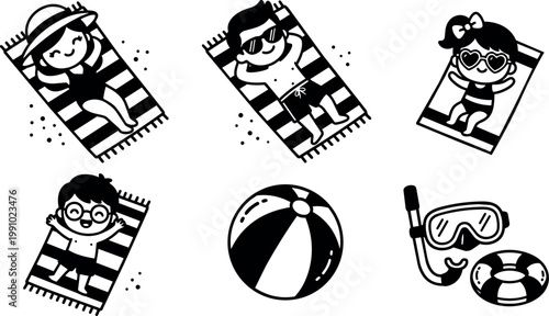 Children sunbathing with beach accessories and ball