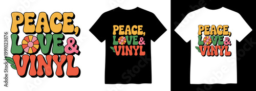 Retro Groovy "Peace, Love & Vinyl" Slogan Vector, Vintage 70s Style Typography Design, Hippie Culture Graphic for T-Shirts & Merchandise