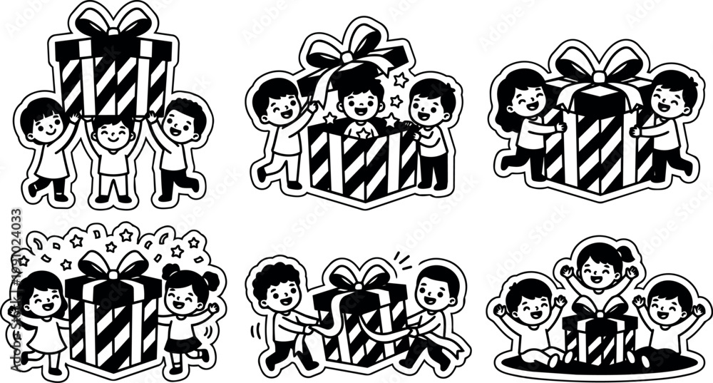 Fototapeta premium Black and white children with gift boxes in playful celebration vector line art