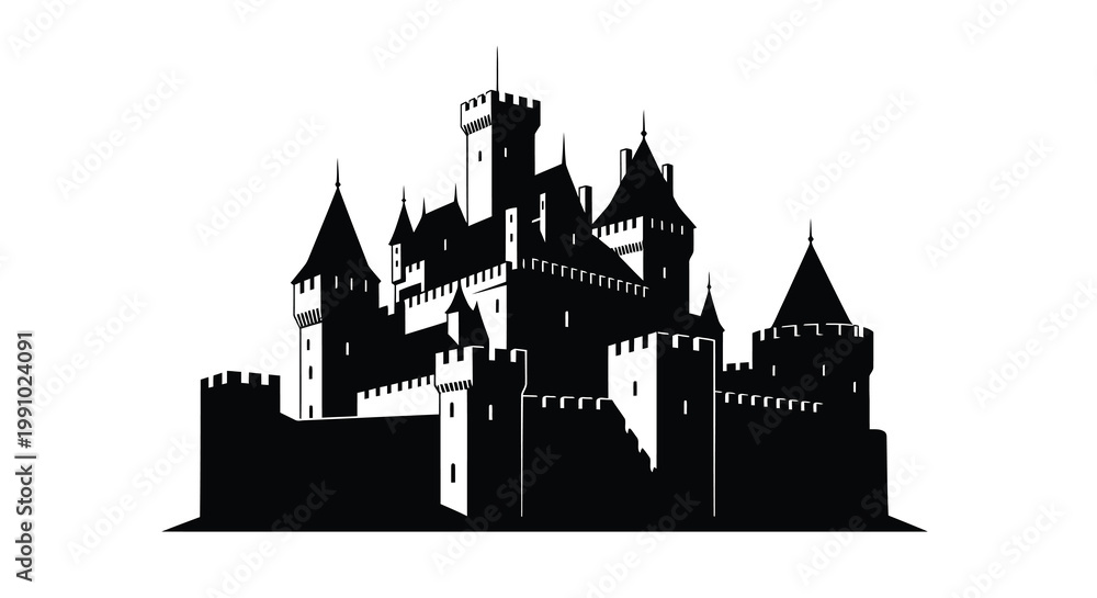 Obraz premium A striking black silhouette of a medieval castle with multiple towers