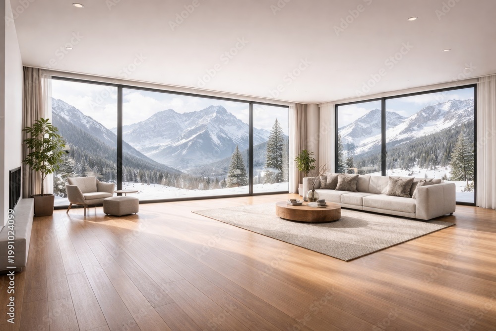 Fototapeta premium Spacious minimalist room featuring sleek hardwood flooring and large windows framing a winter mountain vista