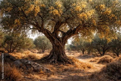 Drought tolerant olive tree with golden honey blooms in a dry steppe forest strip