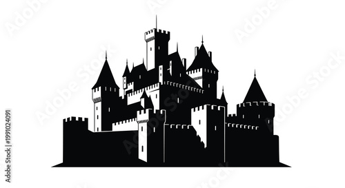 A striking black silhouette of a medieval castle with multiple towers