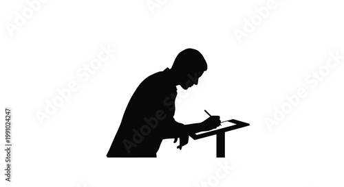 Silhouette of a man writing or drawing on a clipboard
