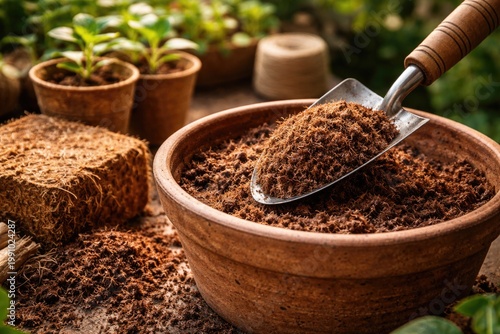 Gardening with coconut fiber based dry coco peat as soil substitute accompanied by hand trowel