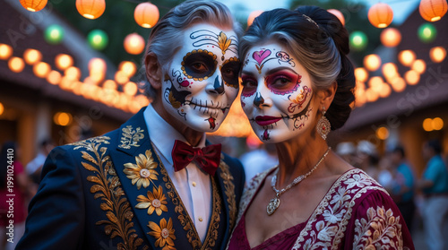 Couple with decorated faces in festive attire during celebration in a vivid setting with hanging lights at night