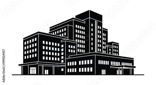 A stylized black and white illustration of a modern office building