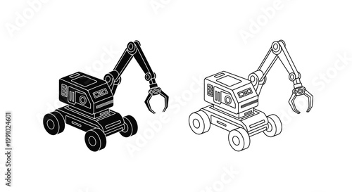 Isometric line drawing of two robotic arms with gripping claws