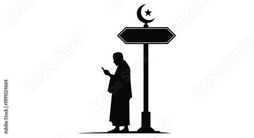 Silhouette of a muslim man with a sign displaying a crescent moon and star