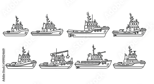 Line drawing of eight different types of harbor tugboats and vessels