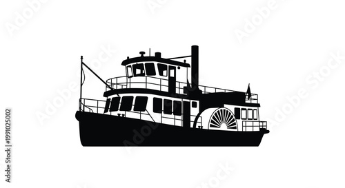 Black silhouette of a vintage paddle steamer boat on a white background