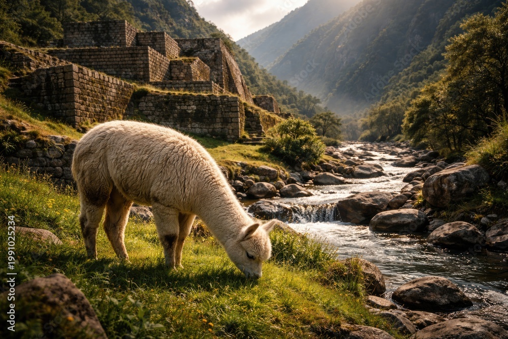 Fototapeta premium Alpaca grazing peacefully near ancient Inca stone ruins by a flowing river