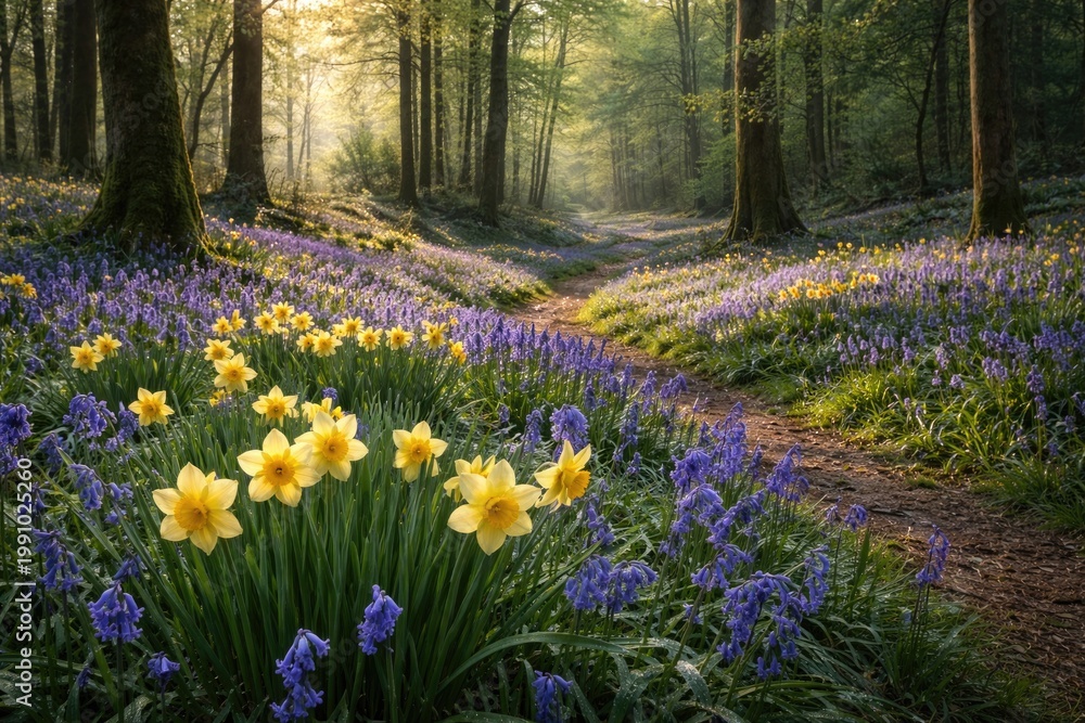 Fototapeta premium Calm forest landscape displaying bright bluebells and daffodils flourishing in rich green surroundings