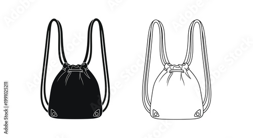 Two drawstring backpacks one black and one white displayed in a line