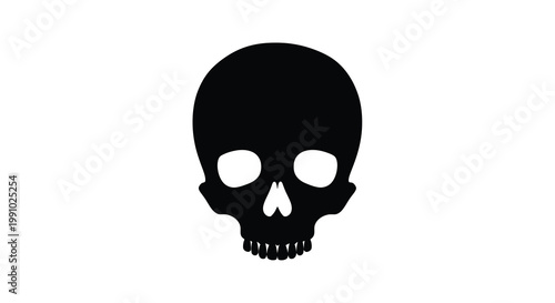 A stark black silhouette of a human skull against a white background