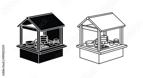 Black and white line art of a traditional asian food stall display