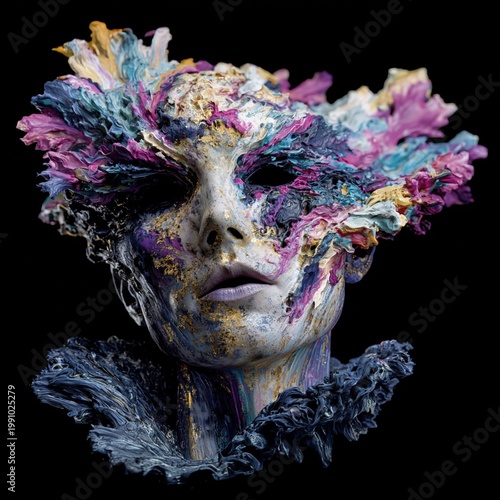 surreal female face with colorful crystalline texture, vivid abstract beauty, and dramatic fantasy detail against a dark background