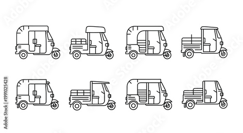 Line art illustration of various three wheeled auto rickshaws or tuk tuks