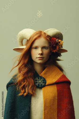 Red haired girl with horns and colorful cloak portrait