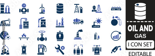 oil and gas icon set - solid icon collection illustration design.  Oil and gas are essential natural resources that power modern industries, fuel transportation, and drive global economic growth.