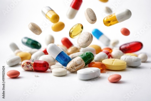 Assorted pills dropping on a plain white background