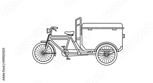 Simple line drawing of a vintage cargo tricycle with a box