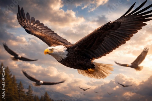 Striking depiction of eagle birds in animated flying motion