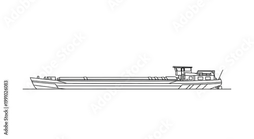 Line drawing of a long flat barge with a cabin structure