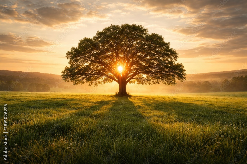 Fototapeta premium Sunrise glow on a lone tree in an expansive green panorama for Earth Day