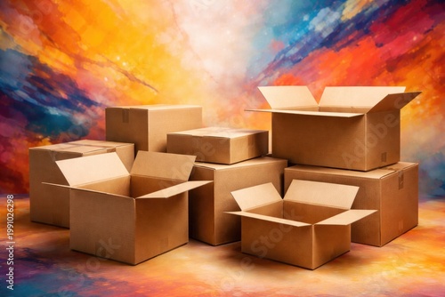 Vibrant abstract backdrop featuring empty cardboard boxes for copy space