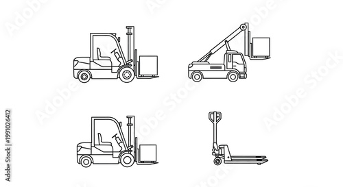 Line art illustration of forklifts and pallet jacks in various views