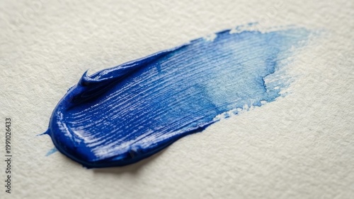 Thick Blue Paint Brushstroke on Textured White Paper Background - Abstract Art Detail