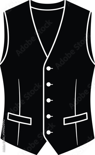 Black waistcoat vest icon isolated on white background, formal menswear clothing symbol, classic buttoned suit vest silhouette, minimal flat design illustration vector