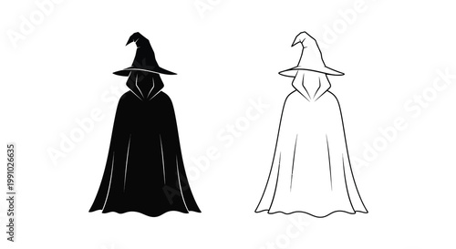 Two stylized depictions of a cloaked figure wearing a pointed hat