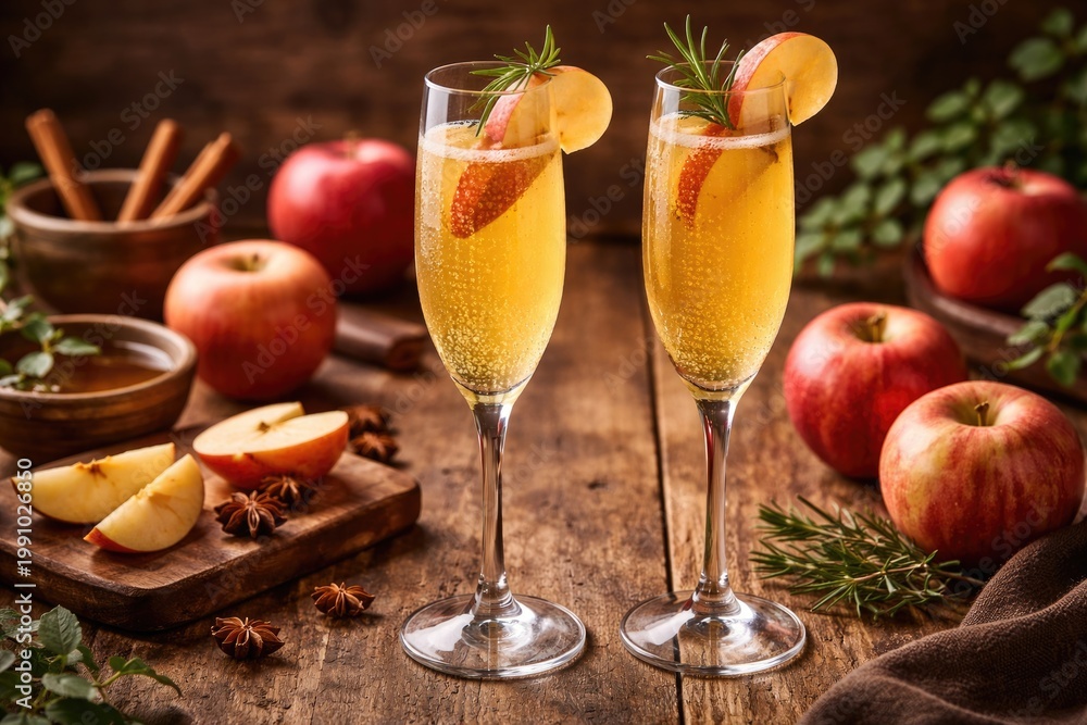 Fototapeta premium Seasonal apple mimosa cocktail in elegant tall glasses with organic apples and wooden background