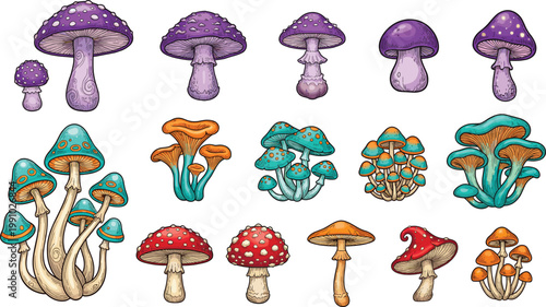 Colorful mushroom illustration set featuring fantasy fungi varieties cartoon style nature elements vector collection isolated on white background for creative design use