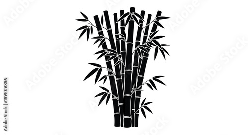 Black and white illustration of a bamboo grove with stylized leaves
